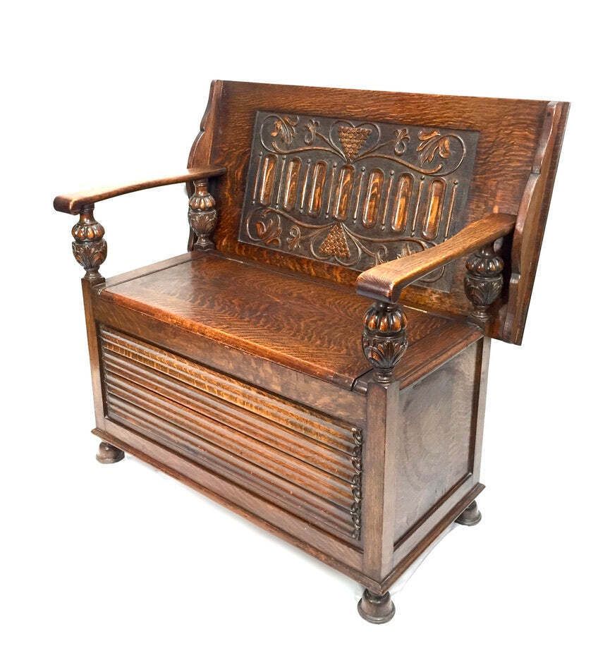 photo furniture Antique Early 20th Century Oak Entrance Hall Monks Bench / Storage Seat