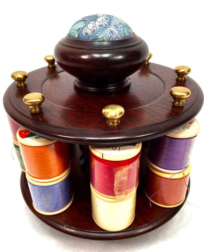Vintage Mahogany Wood Tabletop Revolving Cotton Spool Reel Holder & Pin Cushion photo 135.0