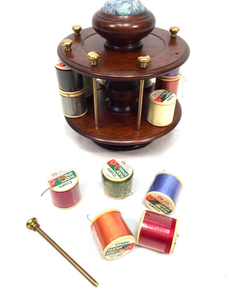 Vintage Mahogany Wood Tabletop Revolving Cotton Spool Reel Holder & Pin Cushion photo buy