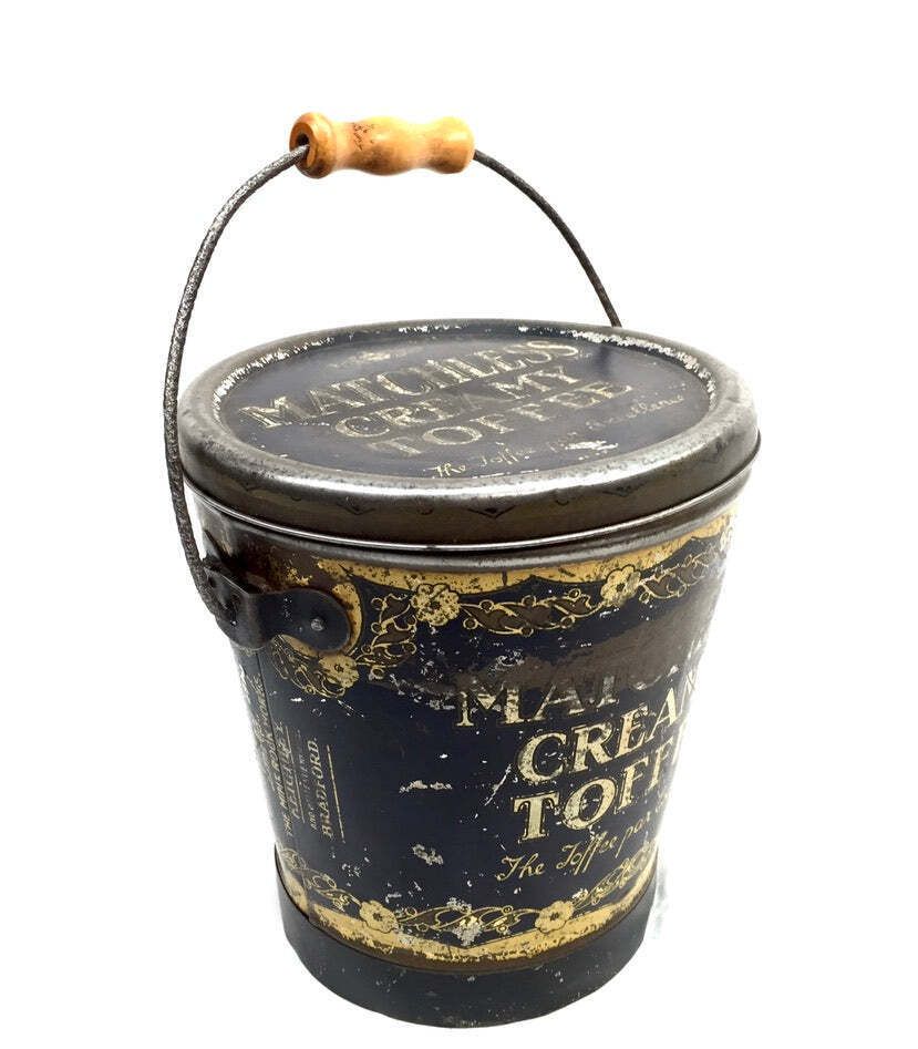 Antique Advertising 1920s J Bottomley & Sons Matchless Creamy Toffee Tin Bucket photo for sale