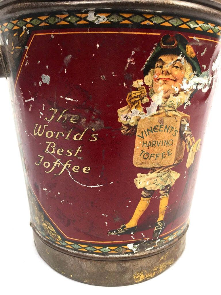 Home Decor Antique Advertising 1920s Vincents Harvino Dainty Pieces Toffee Tin Bucket Shape photo