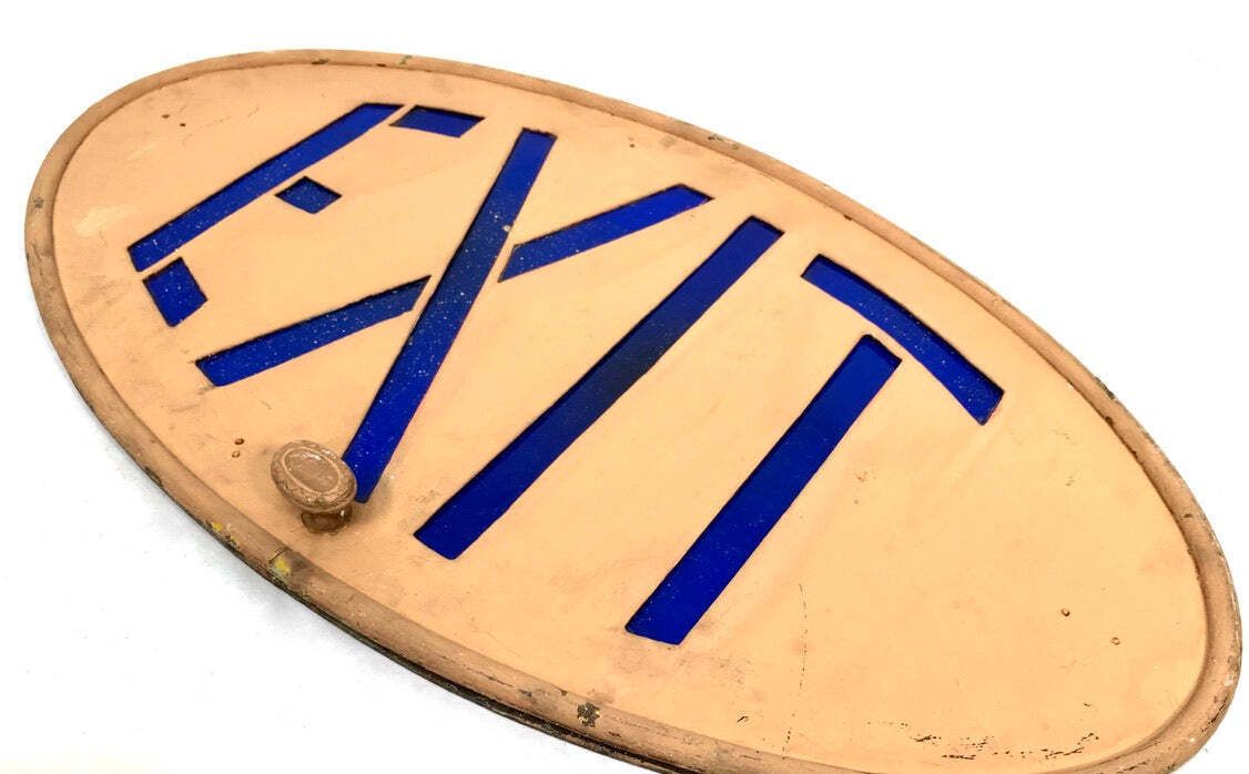 Antique Art Deco Reclaimed / Salvaged Building / Door Exit Sign / Blue C.1930 photo furniture