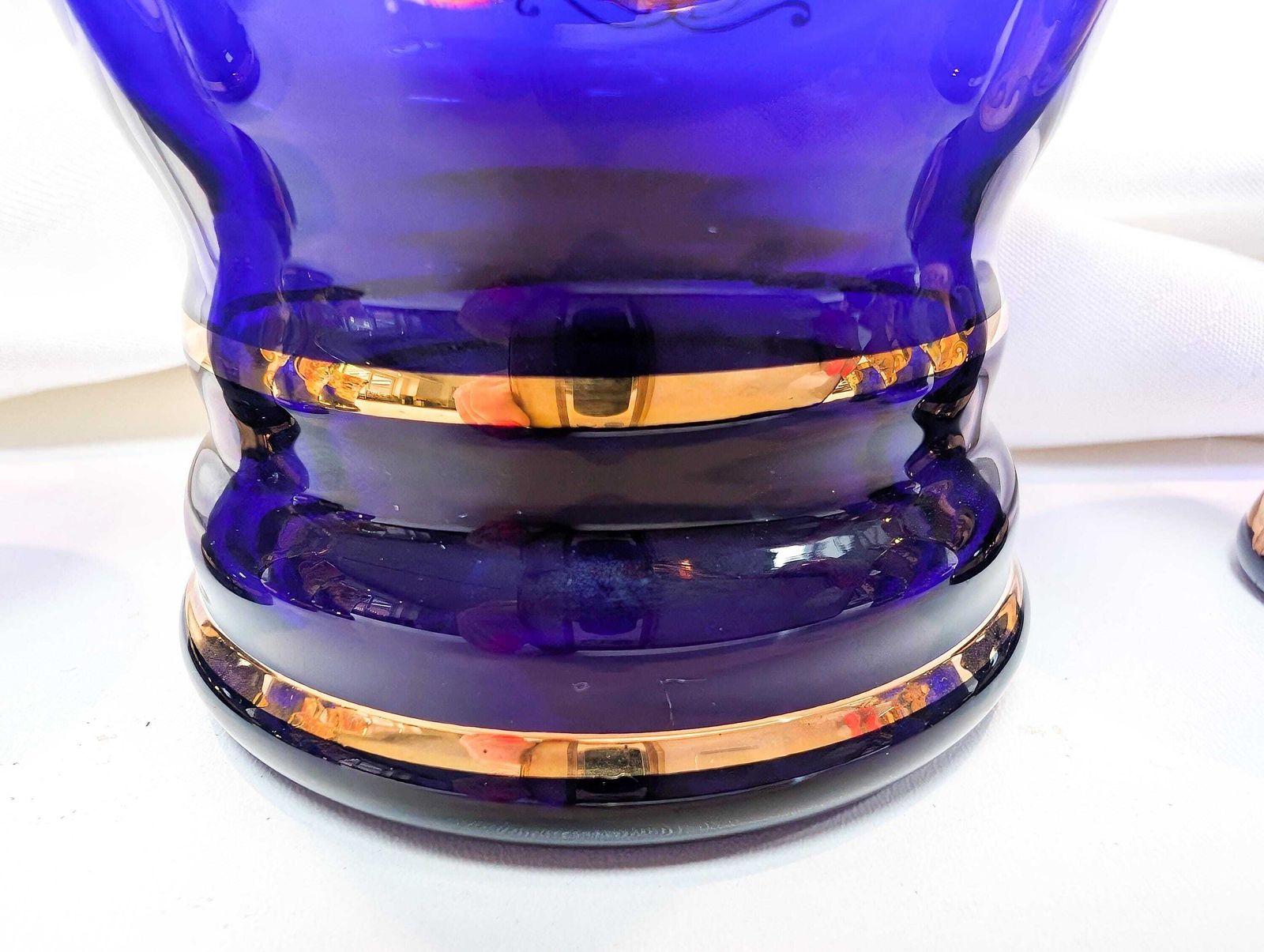 Murano Mid Century Cobalt Blue Glass Decanter And Six Liqueur/Shot Glasses. All Pieces Feature 24 Karat Gold Decoration And Hand Painted. photo vintage