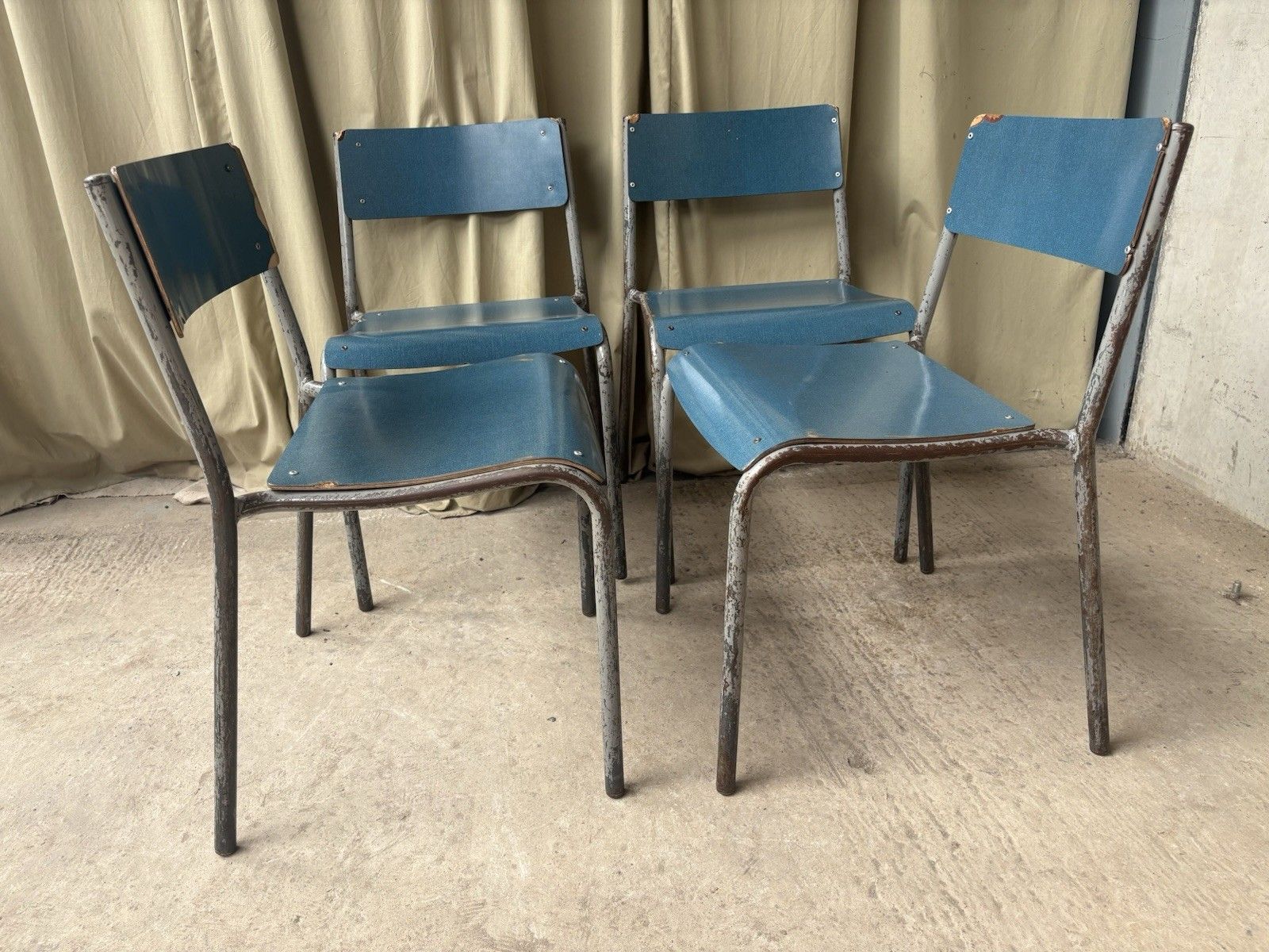 Furniture Vtg Mid Century Industrial Metal Set Of 4 Stacking Dining Chairs Retro R1197 photo