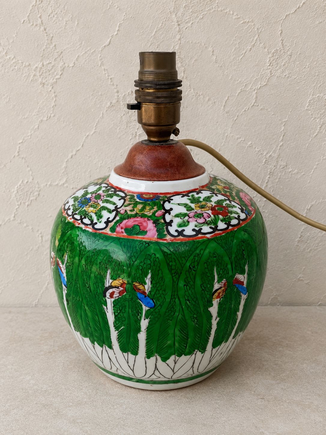 Chinese Famille Verte Style Porcelain Ginger Jar Lamp Base, Hand Painted Birds &