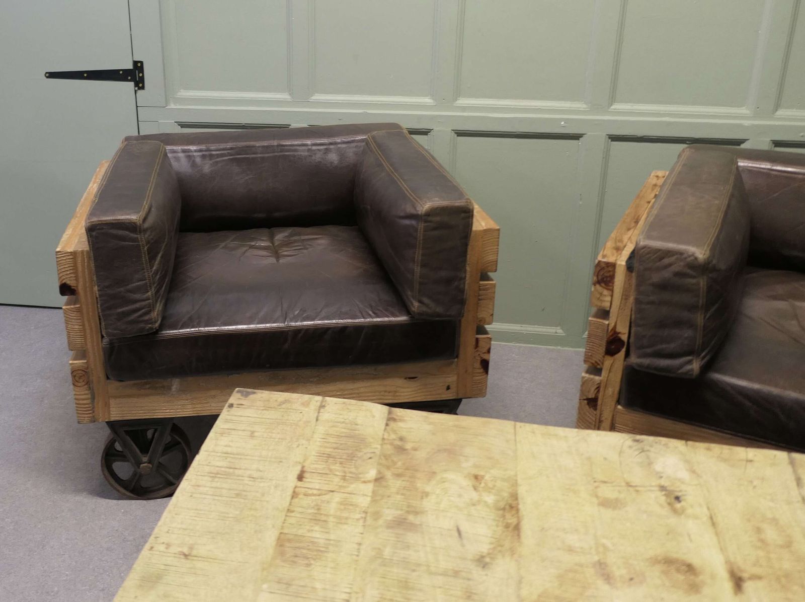 A Unique Set Of 4 Wood Framed Industrial Club Chairs The Chairs Have Solid Wooden Frames photo for sale