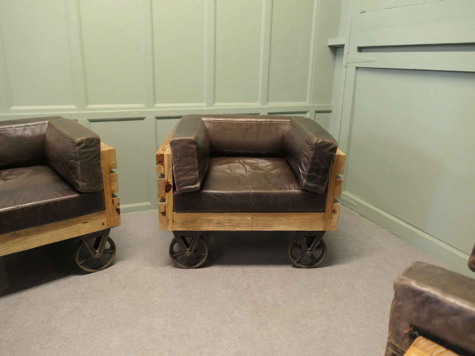 A Unique Set Of 4 Wood Framed Industrial Club Chairs The Chairs Have Solid Wooden Frames photo vinterior