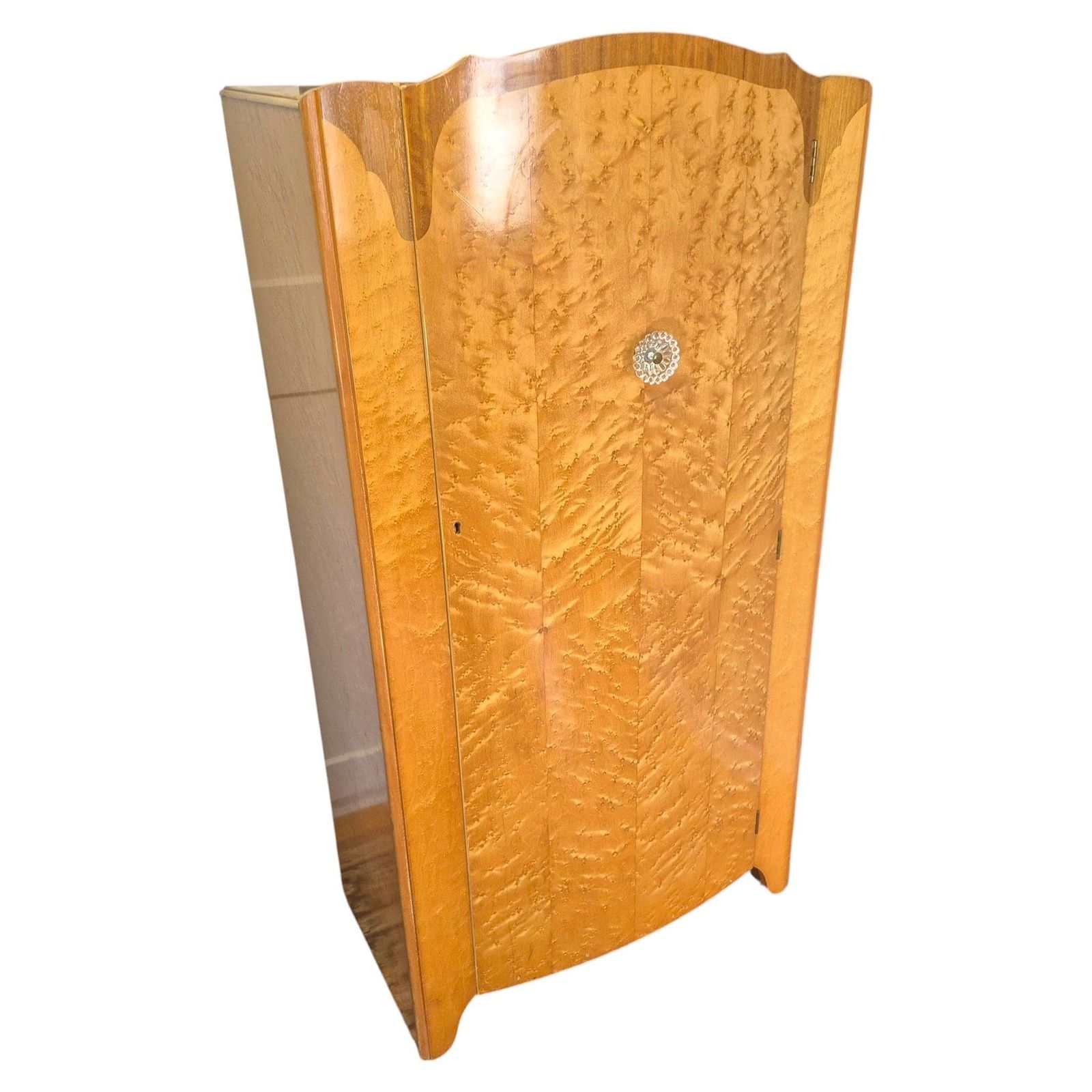 Rare Harris Lebus Burr Walnut Wardrobe, Art Deco Vintage Bedroom Cupboard, Lockable Single Wardrobe With Glass Handle photo buy