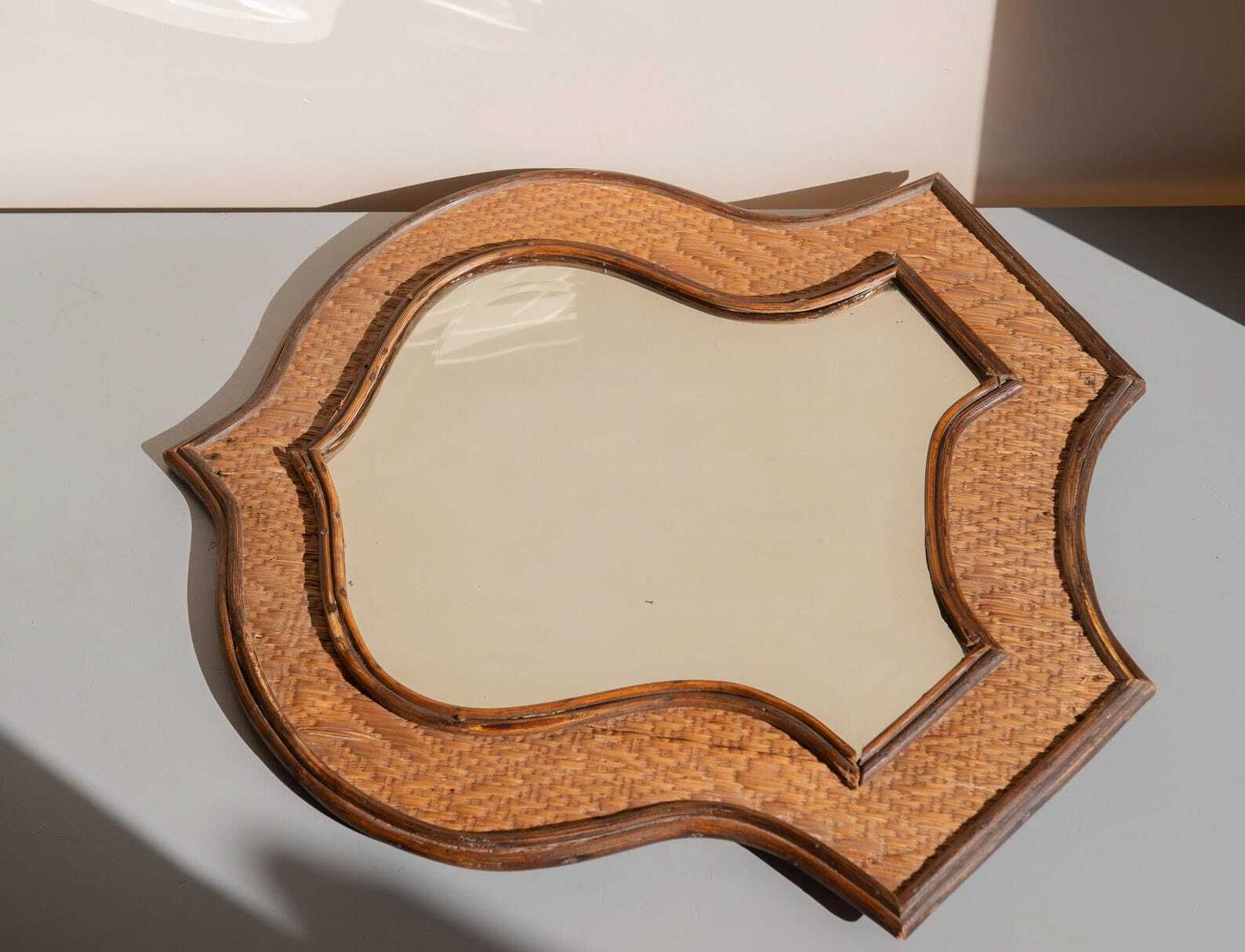 Vintage Shield Mirror Large Rattan Wicker Frame Beveled Glass Coastal Wall Decor photo for sale