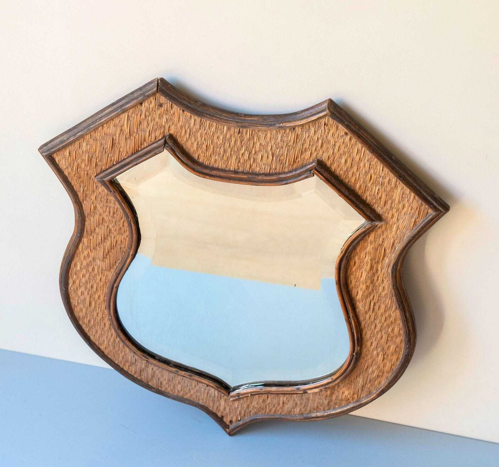 Vintage Shield Mirror Large Rattan Wicker Frame Beveled Glass Coastal Wall Decor photo vinterior