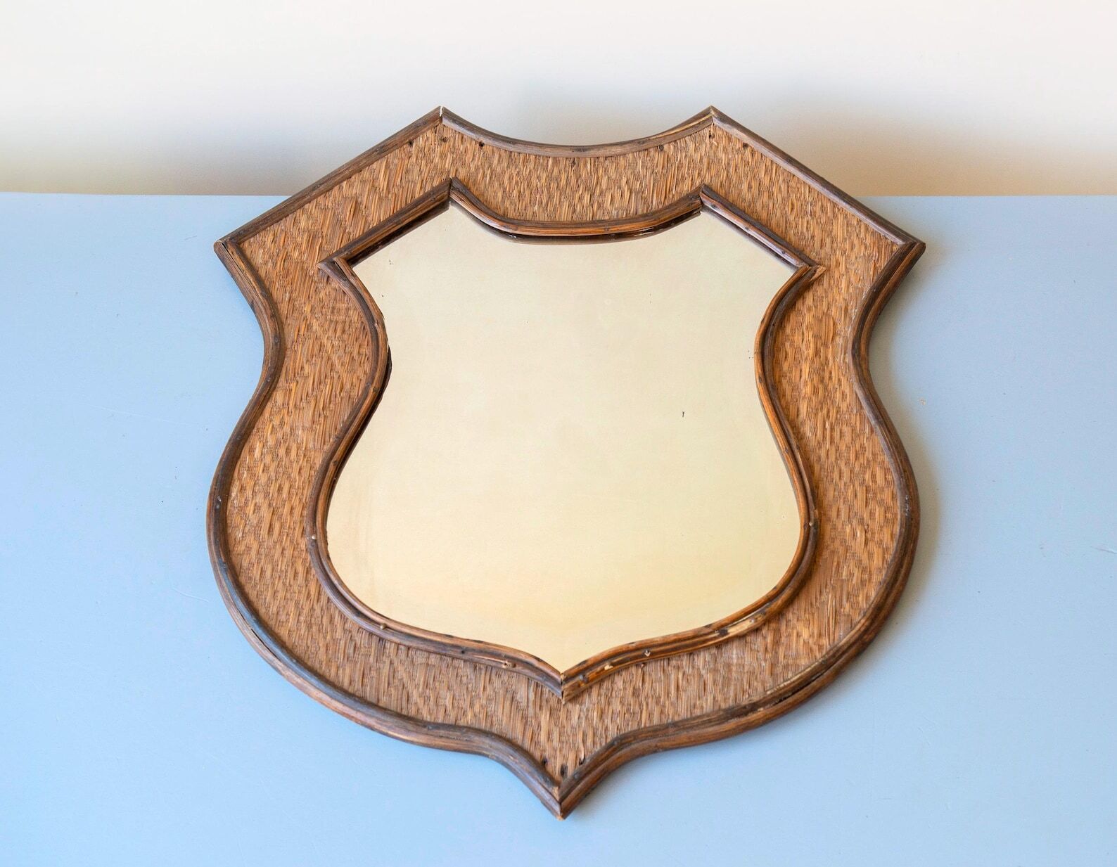 Vintage Shield Mirror Large Rattan Wicker Frame Beveled Glass Coastal Wall Decor photo vintage