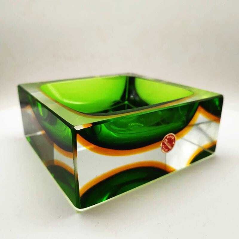 1960s Big Rare Square Ashtray Or Catch All In Murano Glass By Flavio Poli For Seguso. 14cm / 5.51 Inches