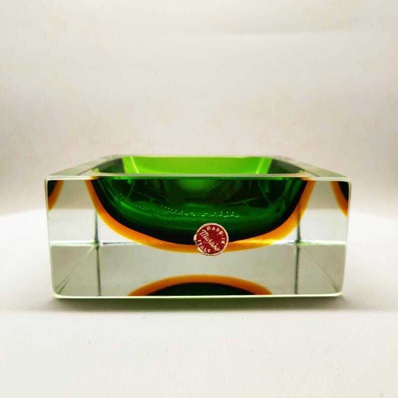 1960s Big Rare Square Ashtray Or Catch All In Murano Glass By Flavio Poli For Seguso. 14cm / 5.51 Inches photo furniture