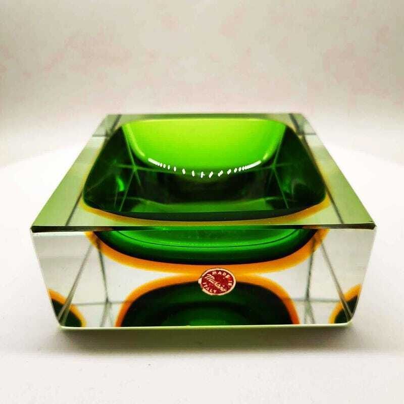 1960s Big Rare Square Ashtray Or Catch All In Murano Glass By Flavio Poli For Seguso. 14cm / 5.51 Inches photo for sale