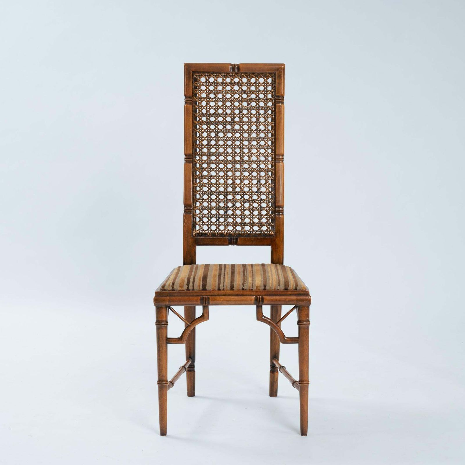 4 Faux Bamboo Chinoisery Highback Dining Chairs With Cane Webbing, 1970s photo furniture