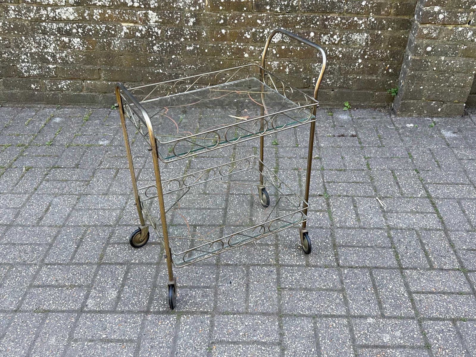 Furniture Small Vintage Brass And Glass Drinks Trolley Mid Century Bar Cart On Casters photo