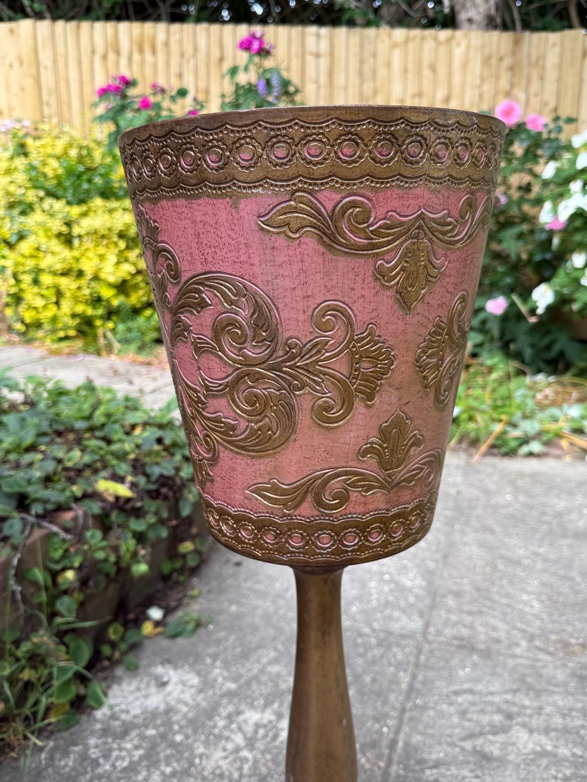 Rare Vintage 1970s Pink And Gold Pedestal Planter Antique Style Jardiniere Stand photo for sale