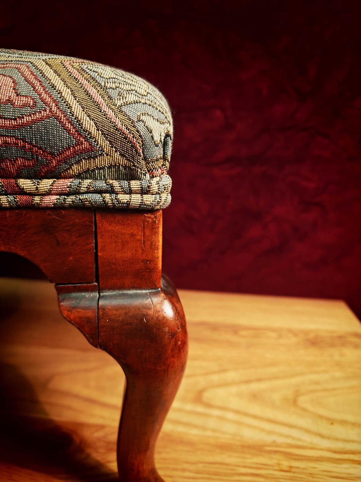 Vintage Footstool. Medieval Revival. Sage Green, Salmon And Grey. Very Good Condition. photo 64.0