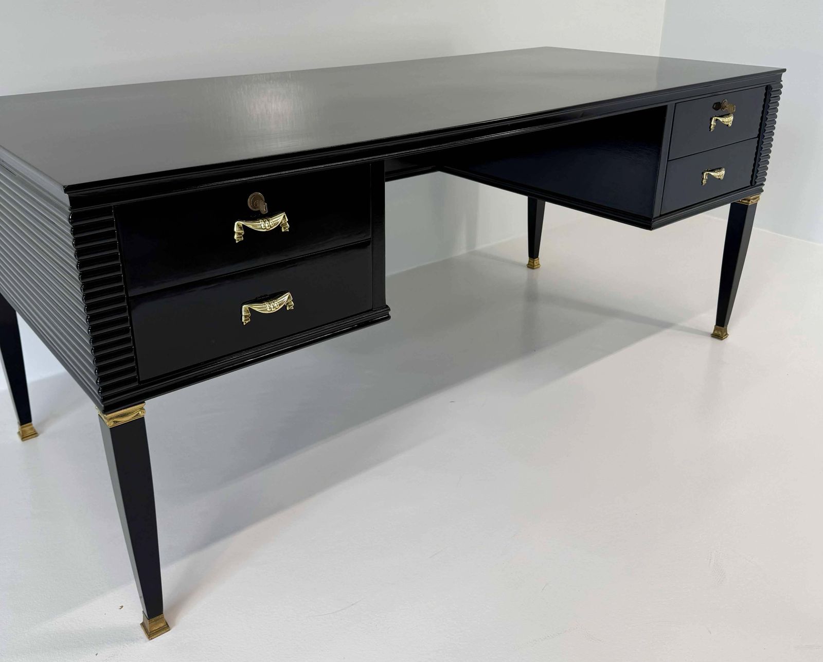 Furniture Art Deco Black And Brass Desk, 'Permanente Mobili Cantù', Paolo Buffa, 1950s photo