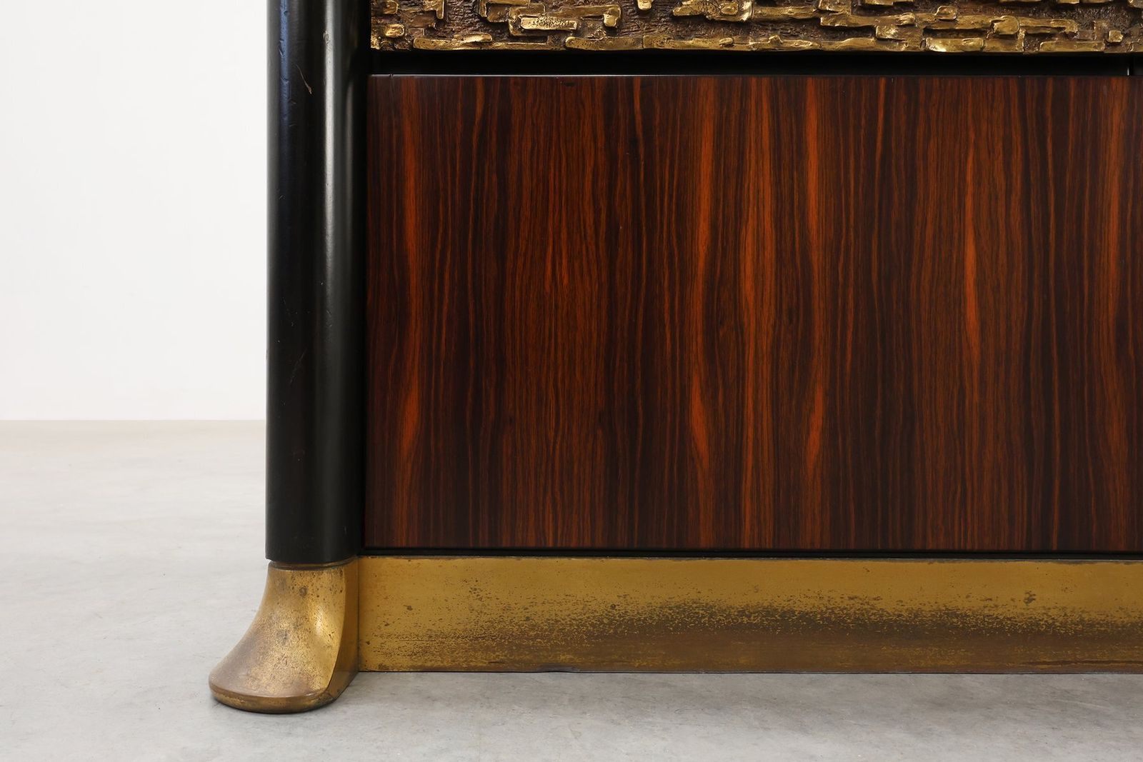 photo buy Brutalist Sculptural Wood And Brass Credenza, Italy, 1970s