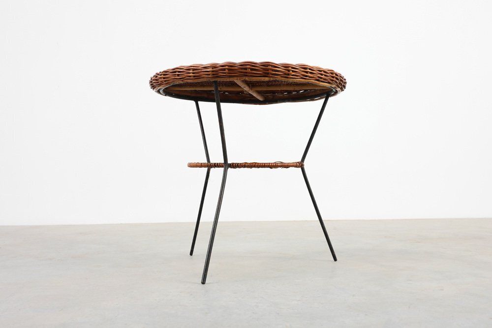 Mid Century Woven Rattan, Wicker And Iron Two Tier Round Coffee Table, Italy, 1960s photo 1263.0