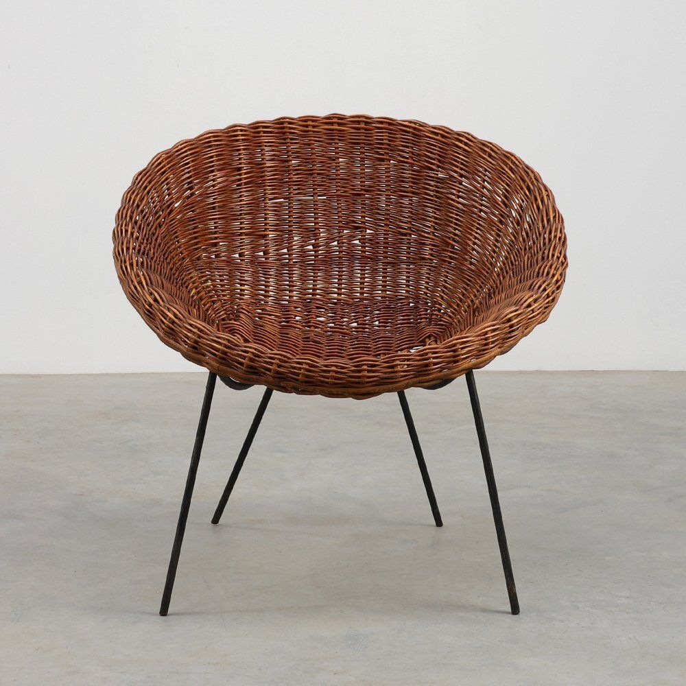Mid Century Woven Rattanwicker And Iron Basket Chair, Italy, 1960s