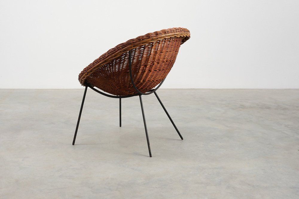 Mid Century Woven Rattanwicker And Iron Basket Chair, Italy, 1960s photo 1434.0