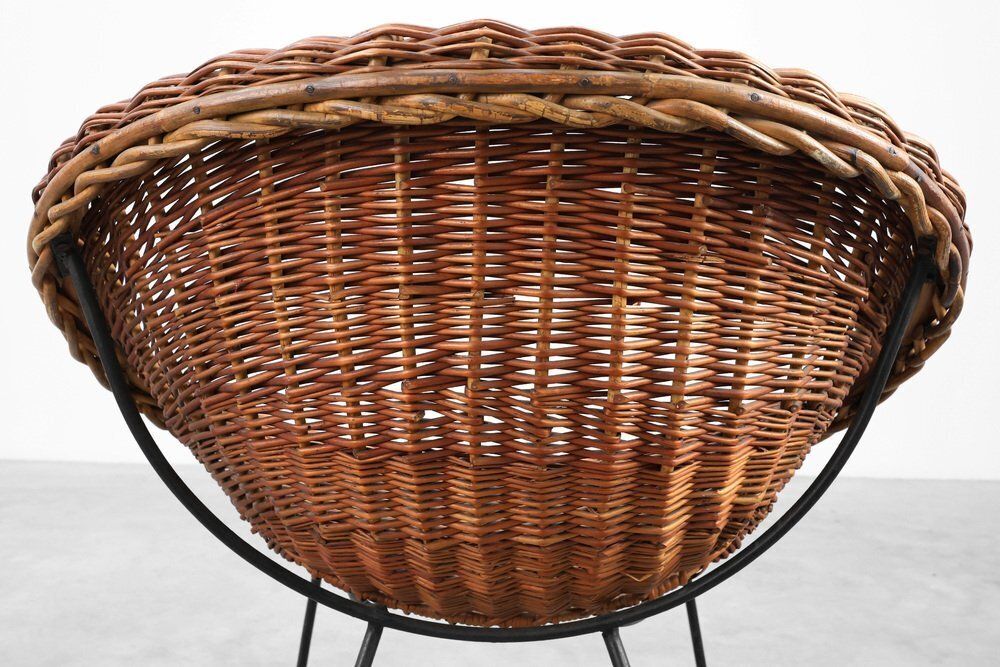 1434.0 Mid Century Woven Rattanwicker And Iron Basket Chair, Italy, 1960s photo