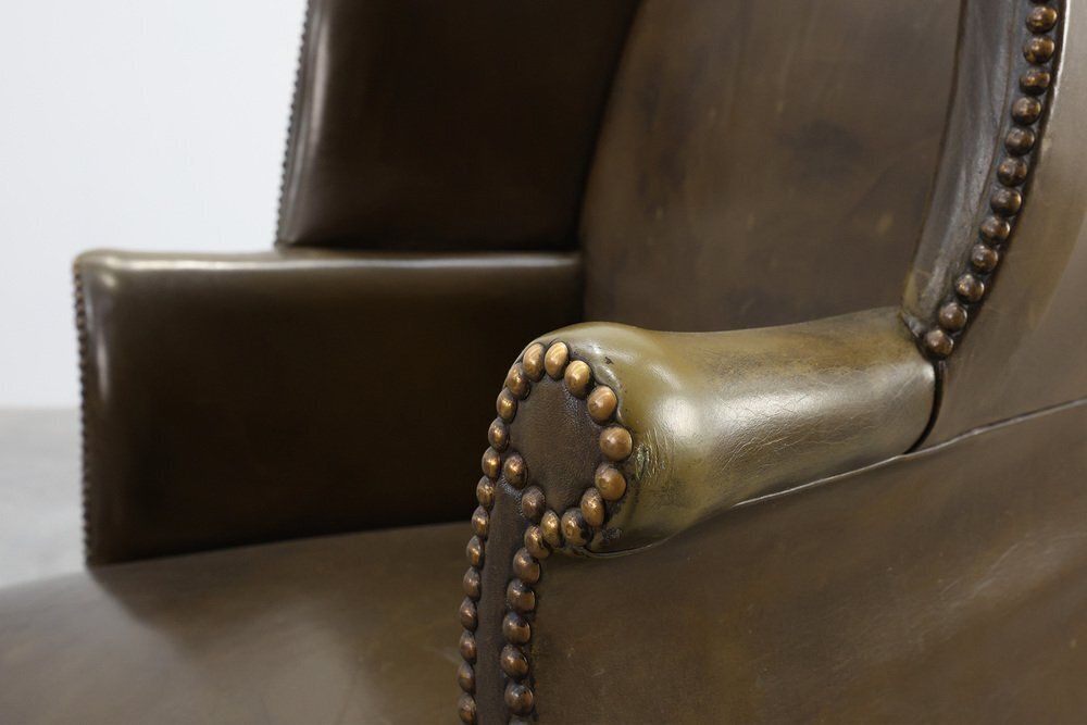Mid Century Modern Wing Back Chair In Green Leather, 1980s photo for sale
