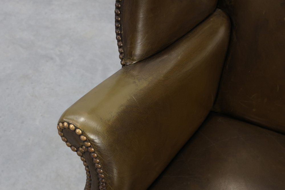 Mid Century Modern Wing Back Chair In Green Leather, 1980s photo Furniture