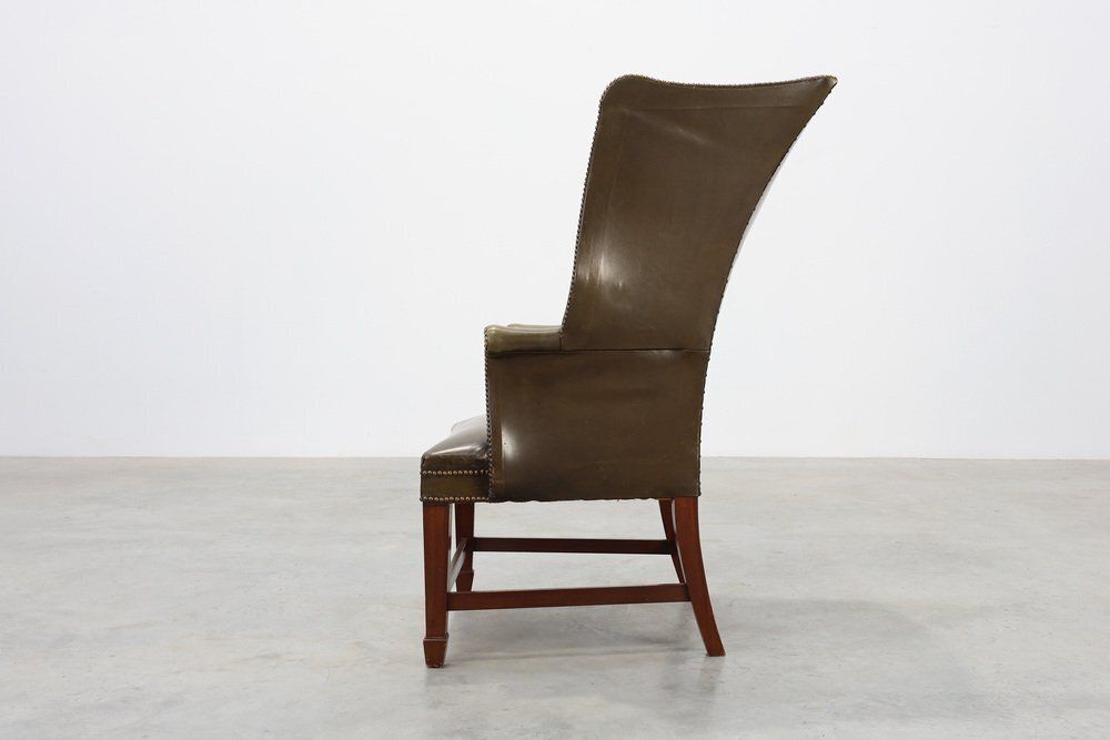 Mid Century Modern Wing Back Chair In Green Leather, 1980s photo vinterior