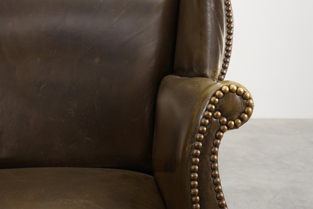 Mid Century Modern Wing Back Chair In Green Leather, 1980s photo vintage