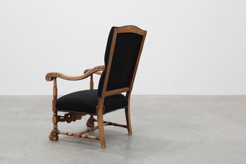 Antique Louis XIII Chair In Black Linen, France, 1800s photo vintage
