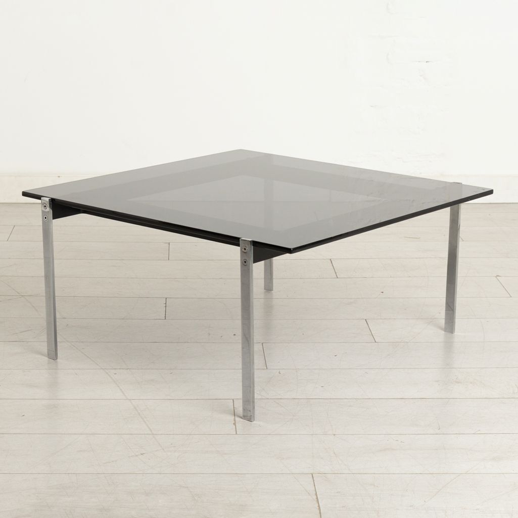 Pair Of Alpha Side Tables In Steel, Black Enamel & Black Glass Tops By Robin Day For Hille photo furniture