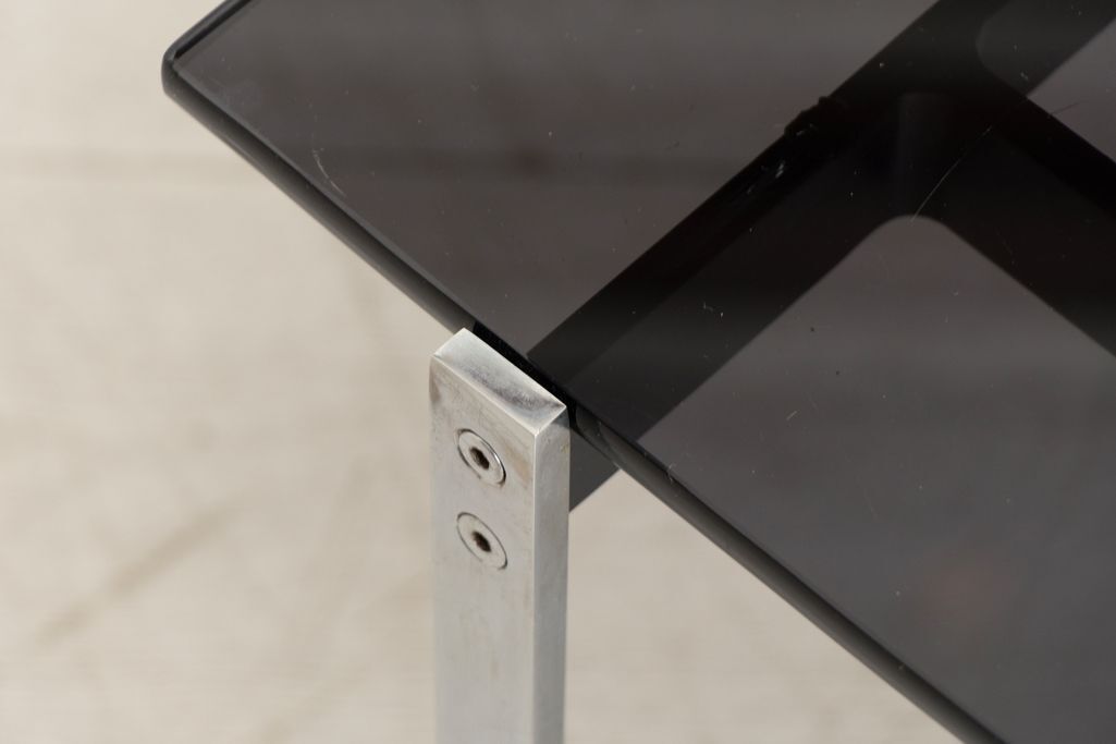 Pair Of Alpha Side Tables In Steel, Black Enamel & Black Glass Tops By Robin Day For Hille photo buy