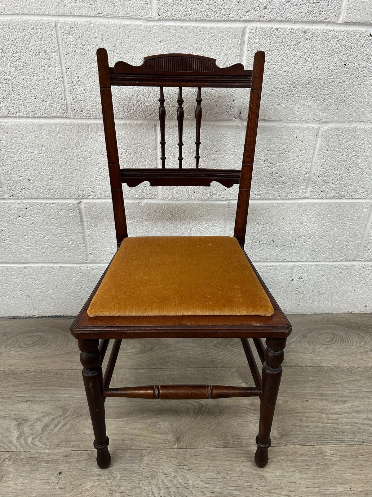 Edwardian Mahogany Bedroom Hall Chair Seat Turned Spindle Back Yellow Upholstery photo furniture