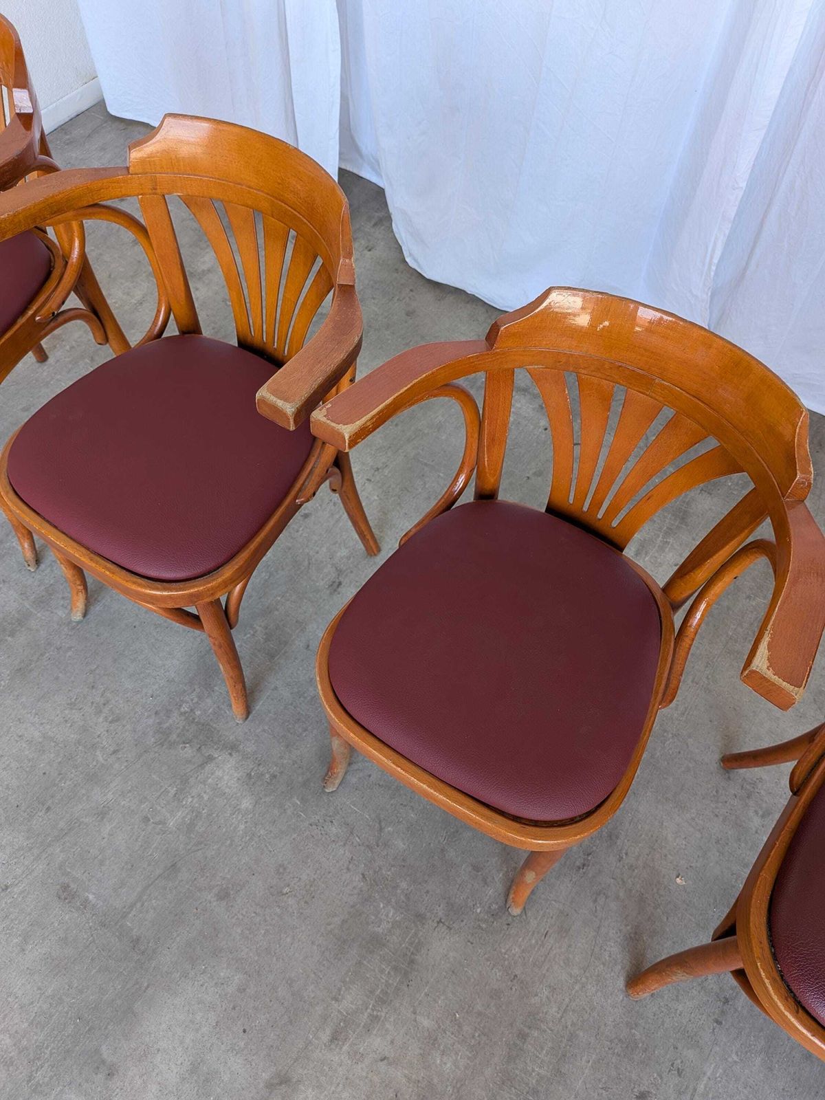 Set Of 4 Bentwood Dining Chairs / Vintage Thonet Style, Red Faux Leather photo vintage