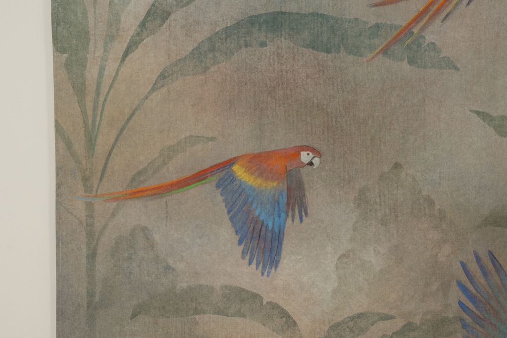 Painted Canvas Depicting Parrots In A Tropical Forest. Contemporary. photo Art