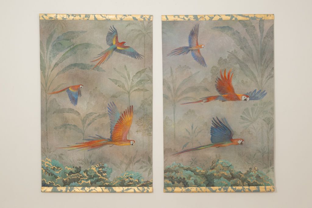 Painted Canvas Depicting Parrots In A Tropical Forest. Contemporary. photo buy