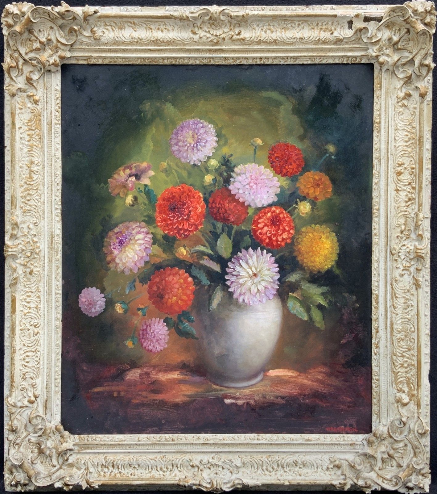 Large Superb Still Life Of Dahlias Oil Painting By James Hardaker (1901 1991)