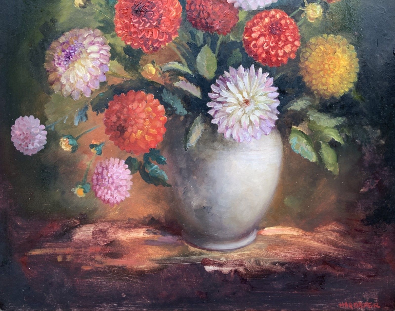 Large Superb Still Life Of Dahlias Oil Painting By James Hardaker (1901 1991) photo Art