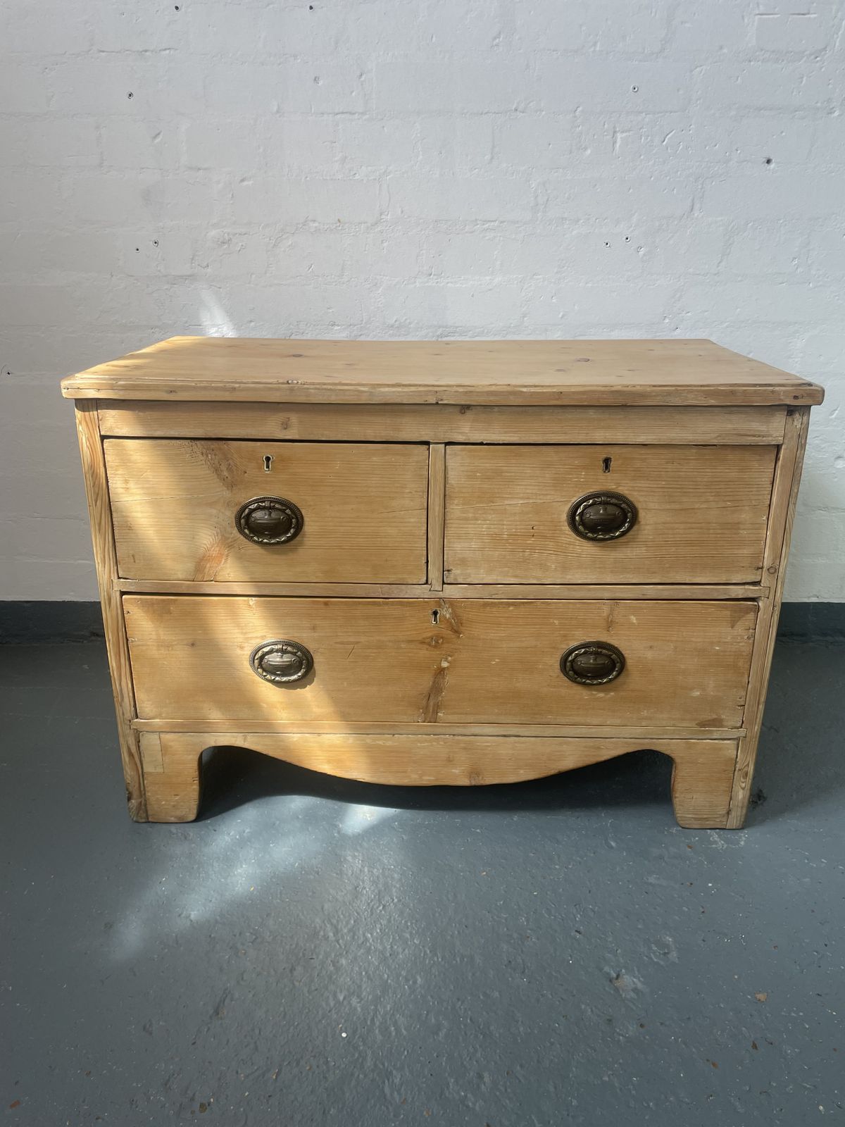 Victorian Pine Chest Of Drawers | Antique 2 Over 1 Configuration | Brass Drop Handles