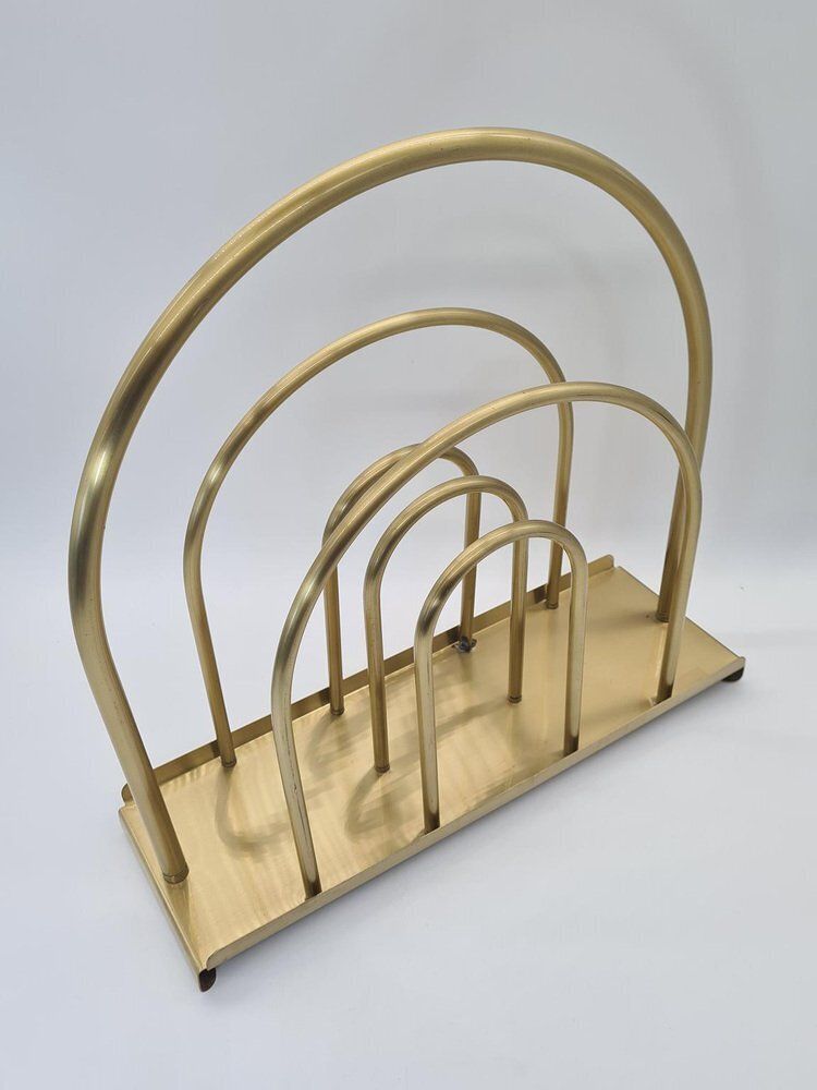 Hollywood Regency Style Newspaper Rack In Brass Plated Metal, 1970s photo for sale