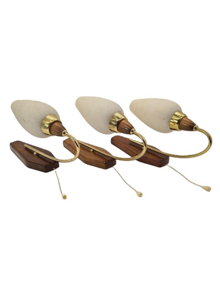 Mid Century Modern Wall Sconces In Wood And Brass, 1950s 1960s, Set Of 3