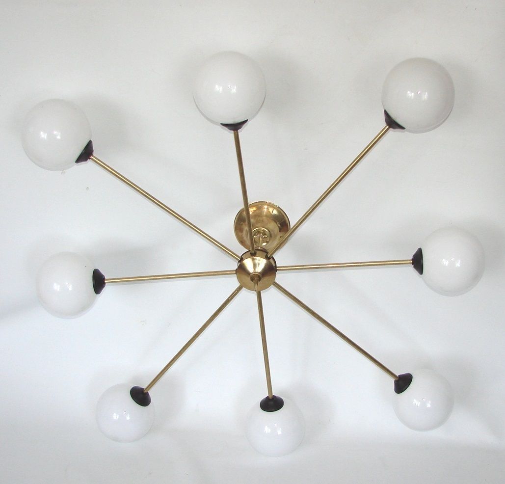 Stilnovo jaren 1960 stijl kroonluchter | Messing, metaal en glas | 8x E14 | Vintage photo furniture