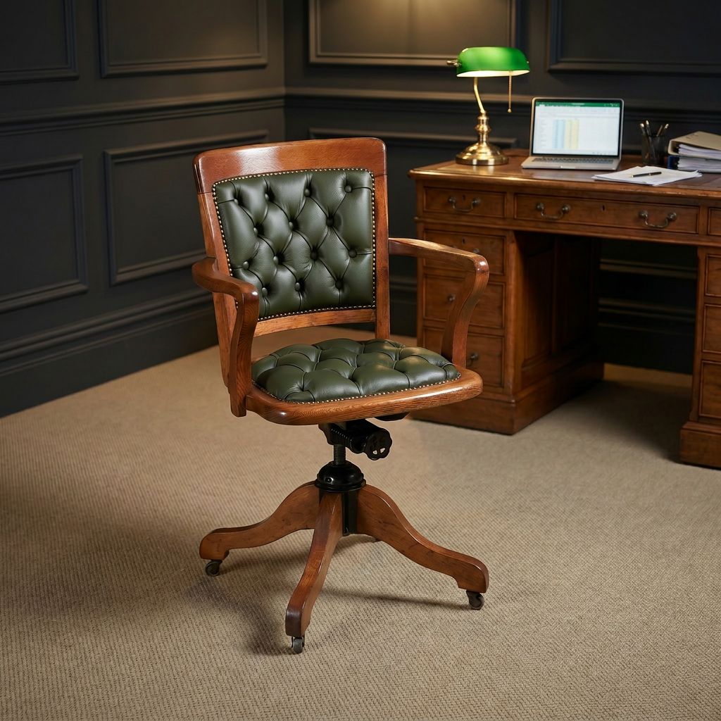 English Edwardian Oak & Green Leather Revolving Office Arm Chair Circa 1910
