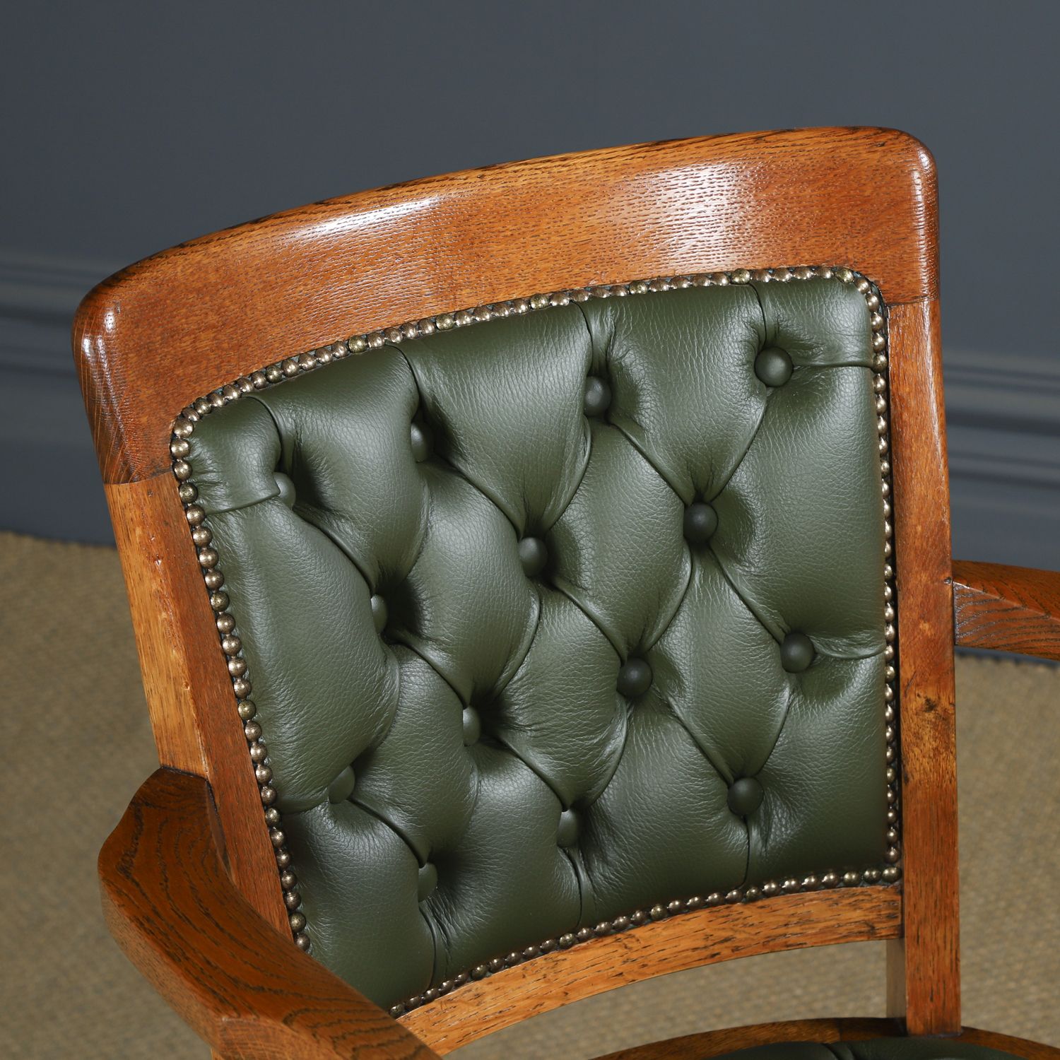 English Edwardian Oak & Green Leather Revolving Office Arm Chair Circa 1910 photo Furniture