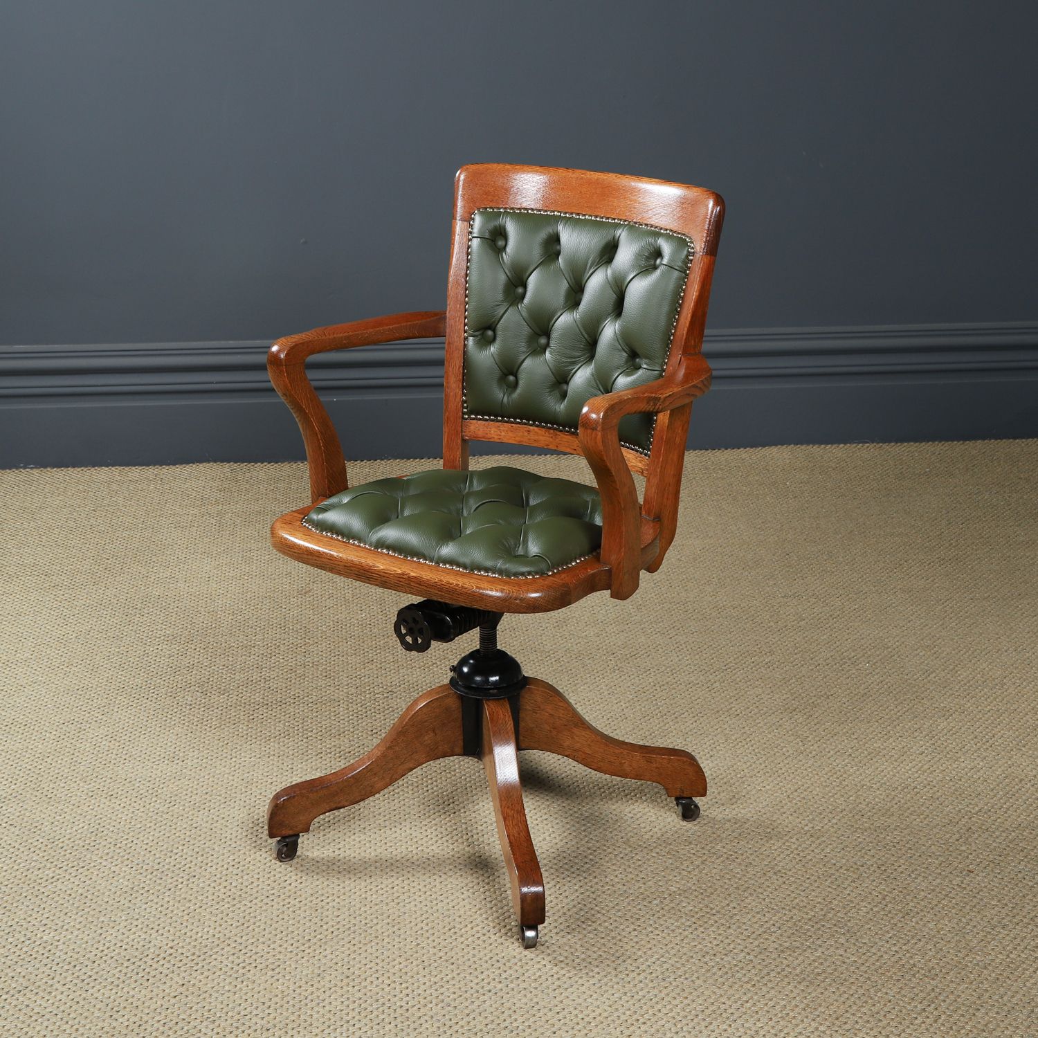 1545.0 English Edwardian Oak & Green Leather Revolving Office Arm Chair Circa 1910 photo