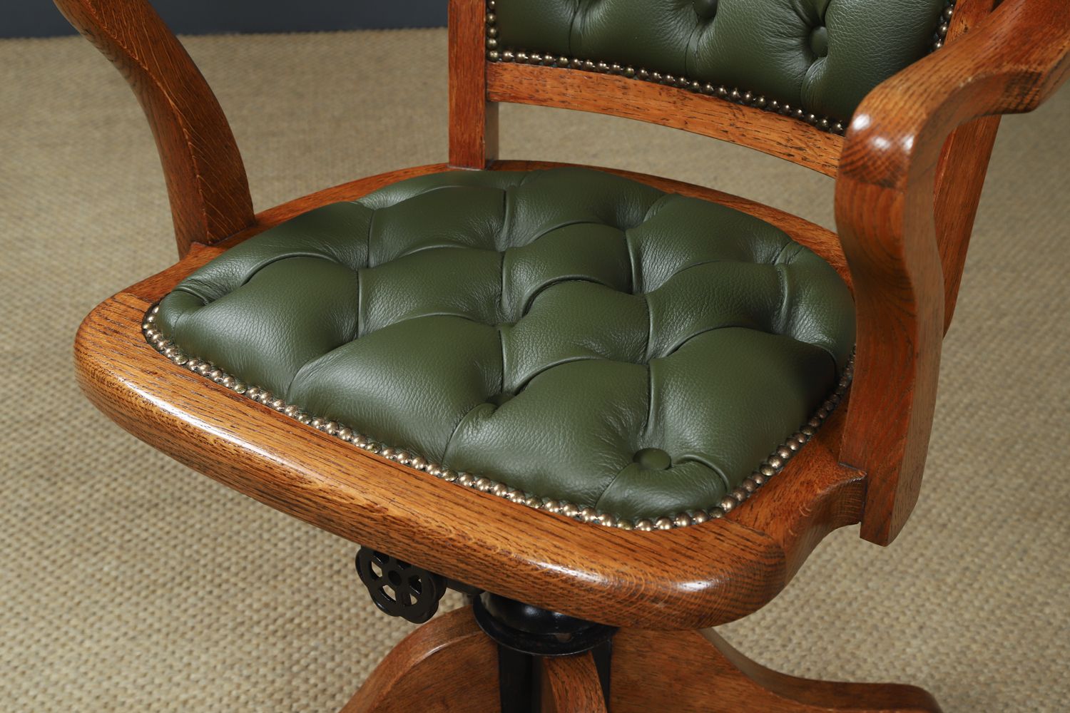 photo buy English Edwardian Oak & Green Leather Revolving Office Arm Chair Circa 1910