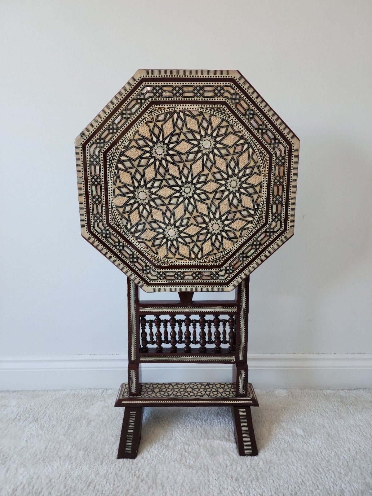 Moroccan Mother Of Pearl Mosaic Inlaid Tilt Top Damascan Folding Side Table photo 950.0